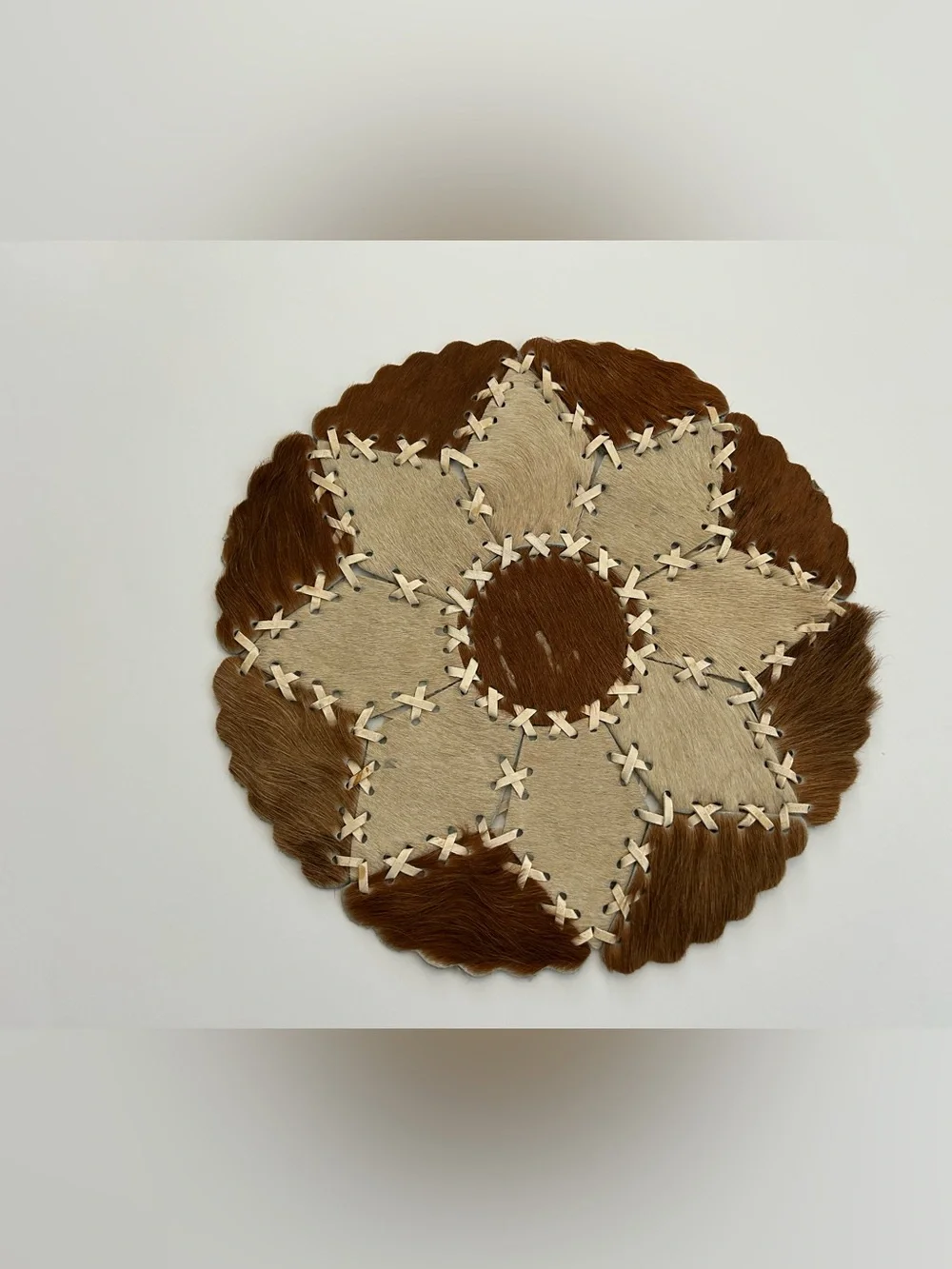 Vintage Leather Cowhide Round Patchwork Lacing Star Wall Hanging Mat Argentina